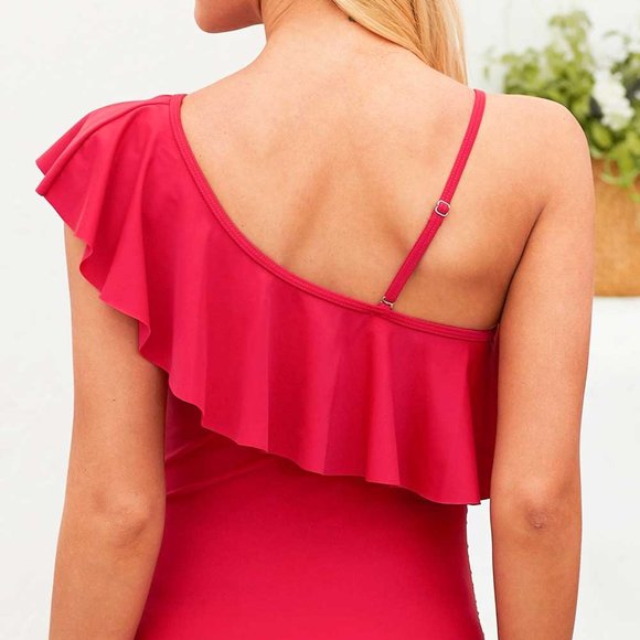 Maternity One Piece Swim Suit Ruffle Neck Line (Red) - Picture 3 of 4